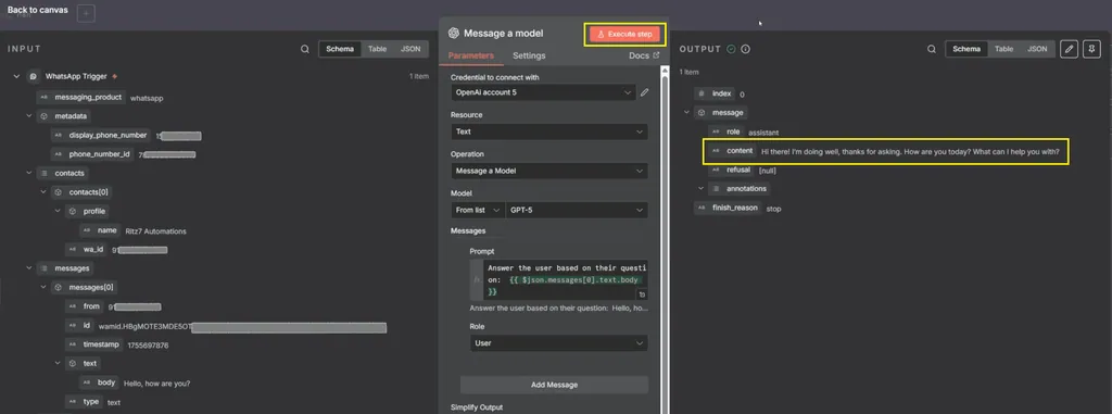 7. execute step - right side output panel can see content